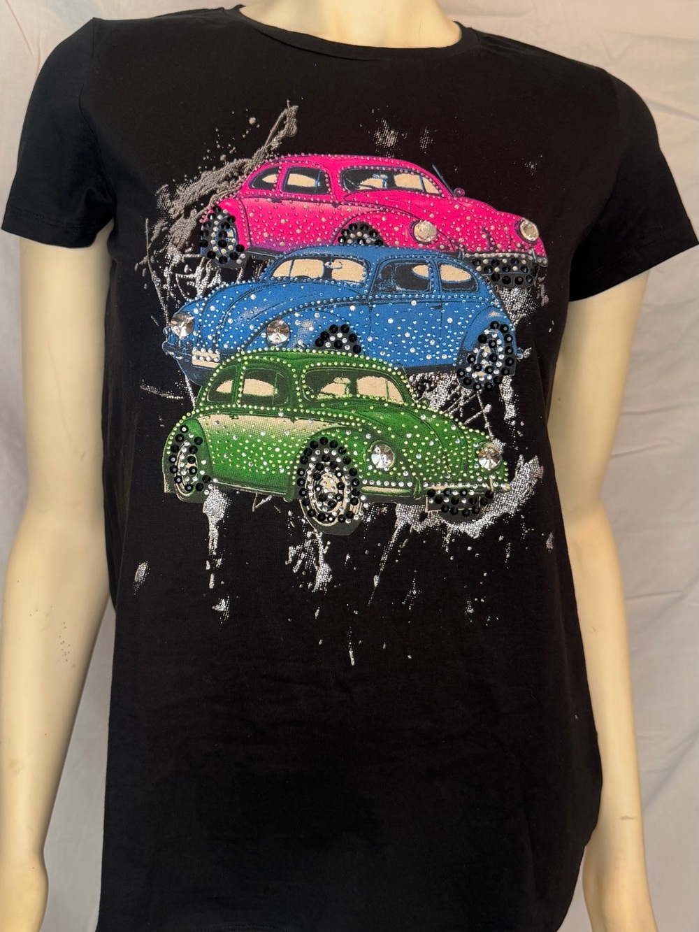 Women’s Black Short-Sleeve Tee with Pink, Blue & Green Car Graphics